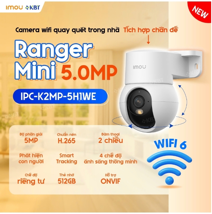 Số lượng >=5 Giảm 2K | Camera Wifi Imou Ranger Mini 5MP (IPC-K2MP-5H1WE)| Trong nhà | Tầm xa hồng ngoại/ánh sáng vàng: 10m | Zoom số 8x, 20fps | Phát