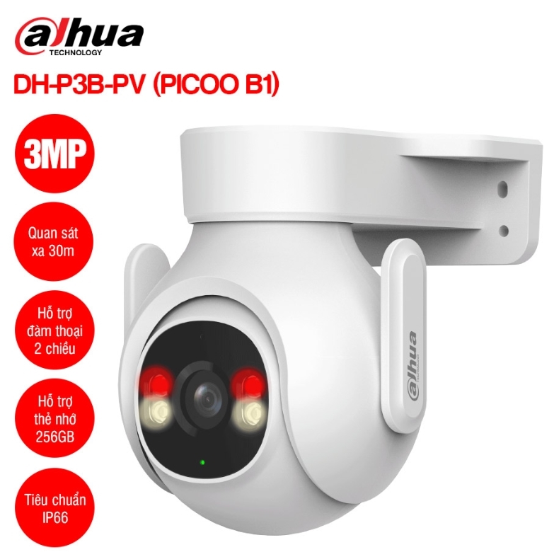Camera wifi Dahua DH-P3B-PV Ngoài Trời Full Màu 3MP | Hồng ngoại 30m, tầm xa LED 30m 4 chế độ ánh sáng ban đêm |  Phát hiện người/ xe /âm thanh bất th