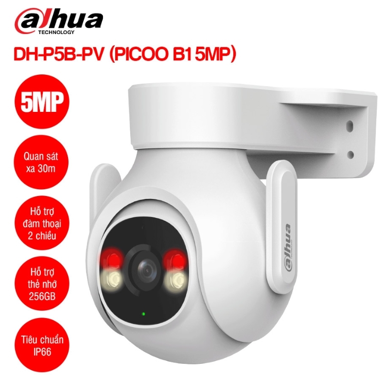 Camera Wifi ngoài trời Full Color DAHUA DH-P5B-PV 5MP 3K | Hồng ngoại 30m | Phát hiện người/ xe |  Đàm thoại 2 chiều, báo động đèn và còi hú; 24T