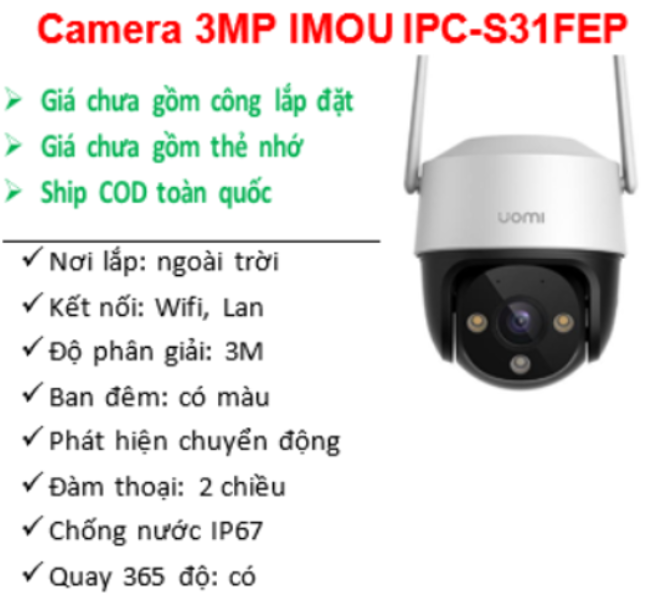 Số lượng >=5 Giảm 2K | Camera Wifi 3MP IMOU IPC-S31FEP; 24T