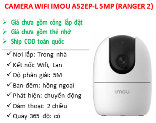 Số lượng >=5 Giảm 2K | Camera IMOU 5.0Mp IPC- A52P; 24T