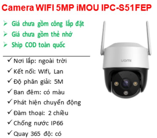 Số lượng >=5 Giảm 3K | Camera WIFI 5MP iMOU IPC-S51FEP; 24T
