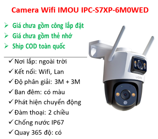 Camera Wifi iMOU 6MP IPC-S7XP-6M0WED (6MP, 2 ống kính, Xoay 360, đàm thoại 2 chiều); 24T