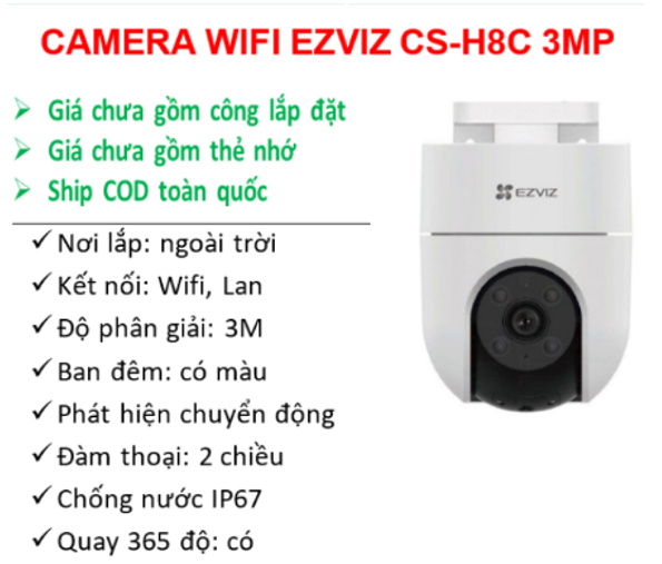 Số lượng >=5 Giảm 3K | Camera Wifi EZVIZ - CS -H8C Wifi 3MP; 24T