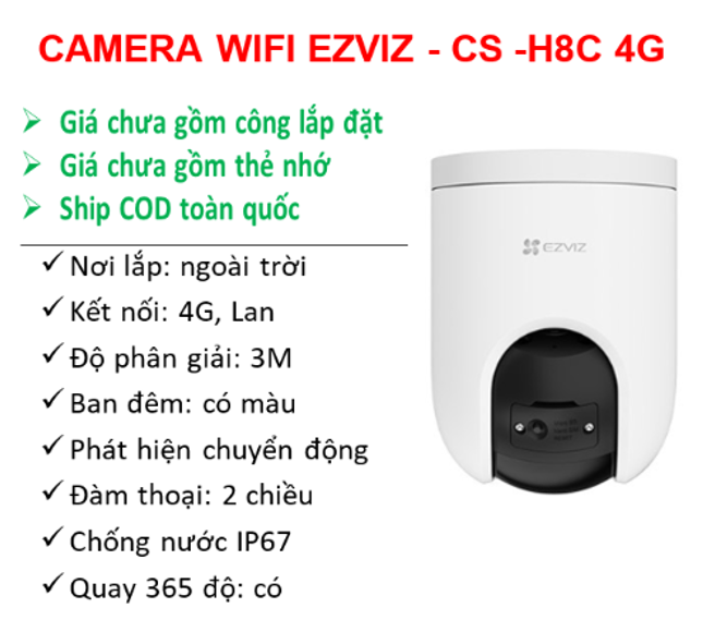Camera Wifi EZVIZ CS-H8C 3MP (dùng Sim 4G); 24T