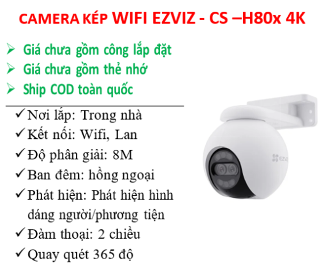Camera Ezviz H80X 2 ống kính Dual 4K (8MP+2MP), màu ban đêm, khẩu độ lớn F1.0, 4mm; 24T