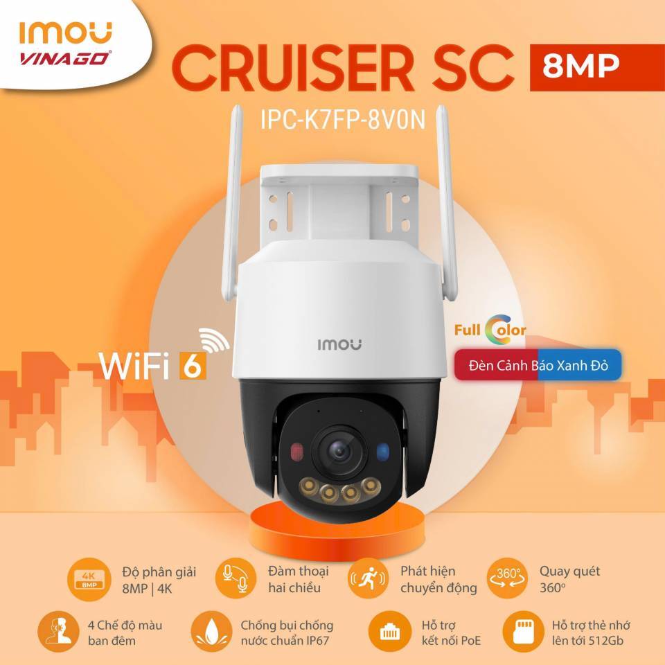 Camera Wi-Fi Imou Cruiser SC IPC-K7FP-8V0N | Ngoài Trời | 8M | Quay 360 độ | Chống ngược sáng HDR | Full Color | Tầm xa 30m | Còi hú và đèn chớp xanh