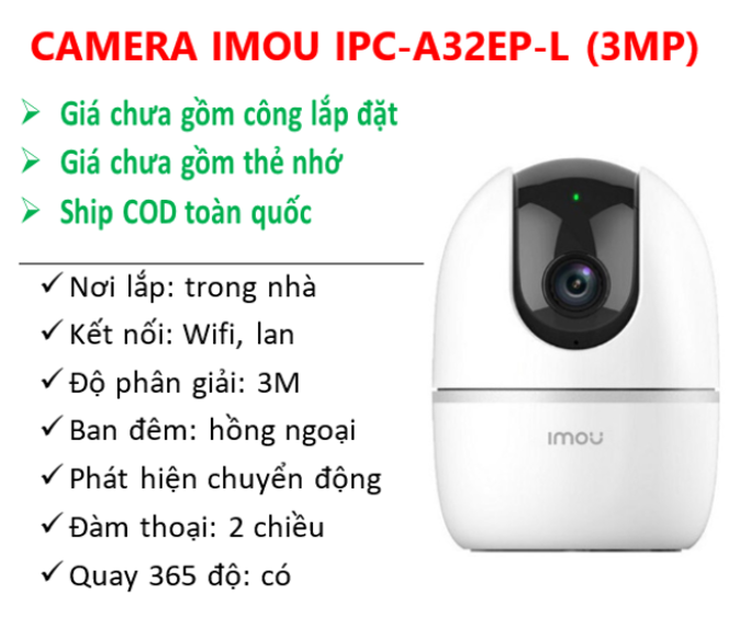 Số lượng >=10 Giảm 2K | Camera Imou IPC-A32EP-L 3MP | Trong nhà | Hồng ngoại 10m | Tích hợp míc và loa | Đàm thoại 2 chiều | Phát hiện chuyển động, ph