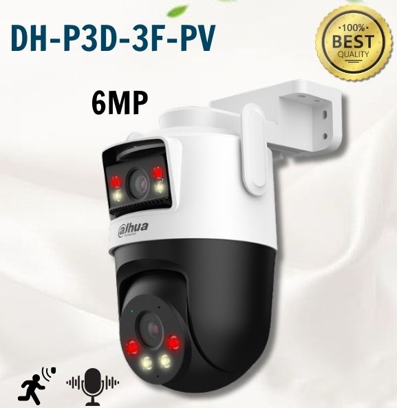 Camera Wifi 2 Ống kính Ngoài trời 6MP DAHUA DH-P3D-3F-PV | Báo động đèn và còi hú | Tích hợp Micro và Loa, đàm thoại 2 chiều | Hỗ trợ thẻ 256GB, ONVIF