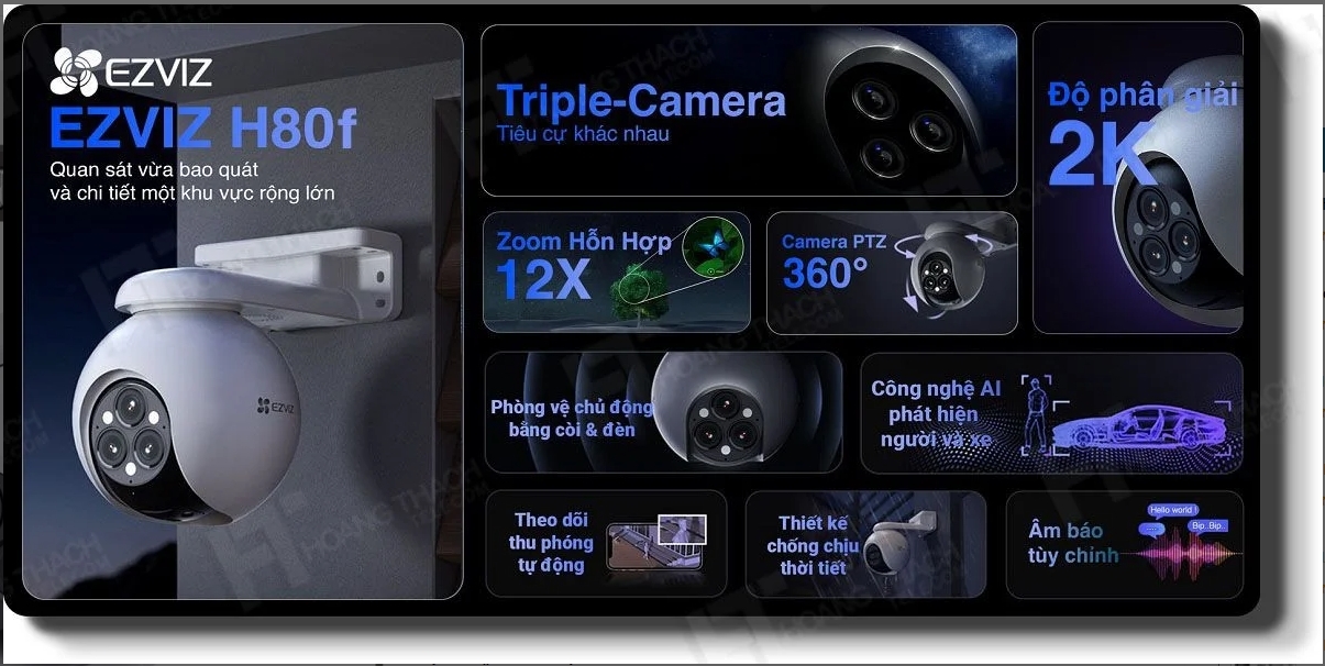 Camera Ngoài Trời 3 Ống Kính Ezviz H80F Zoom 12X/ Quay quét ngoài trời 360/ đàm thoại 2 chiều/ Nhận diện dáng người; 24T