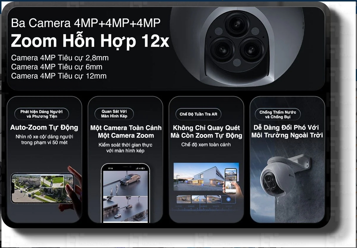 Camera Ngoài Trời 3 Ống Kính Ezviz H80F Zoom 12X/ Quay quét ngoài trời 360/ đàm thoại 2 chiều/ Nhận diện dáng người; 24T