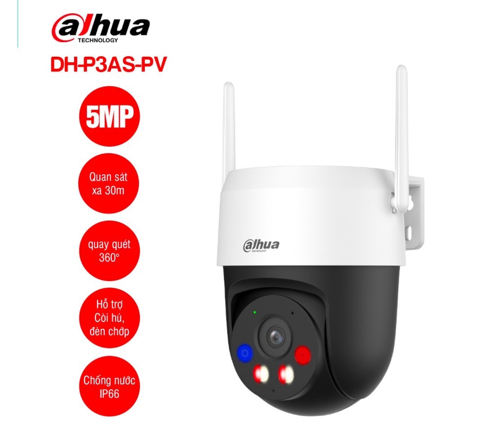 Camera Wifi quay quét 5MP DAHUA DH-P5AS-PV | Phát hiện người/phương tiện | Còi hú, đèn chớp xanh đỏ | Wifi 6 băng tần kép |  Đàm thoại hai chiều, lưu